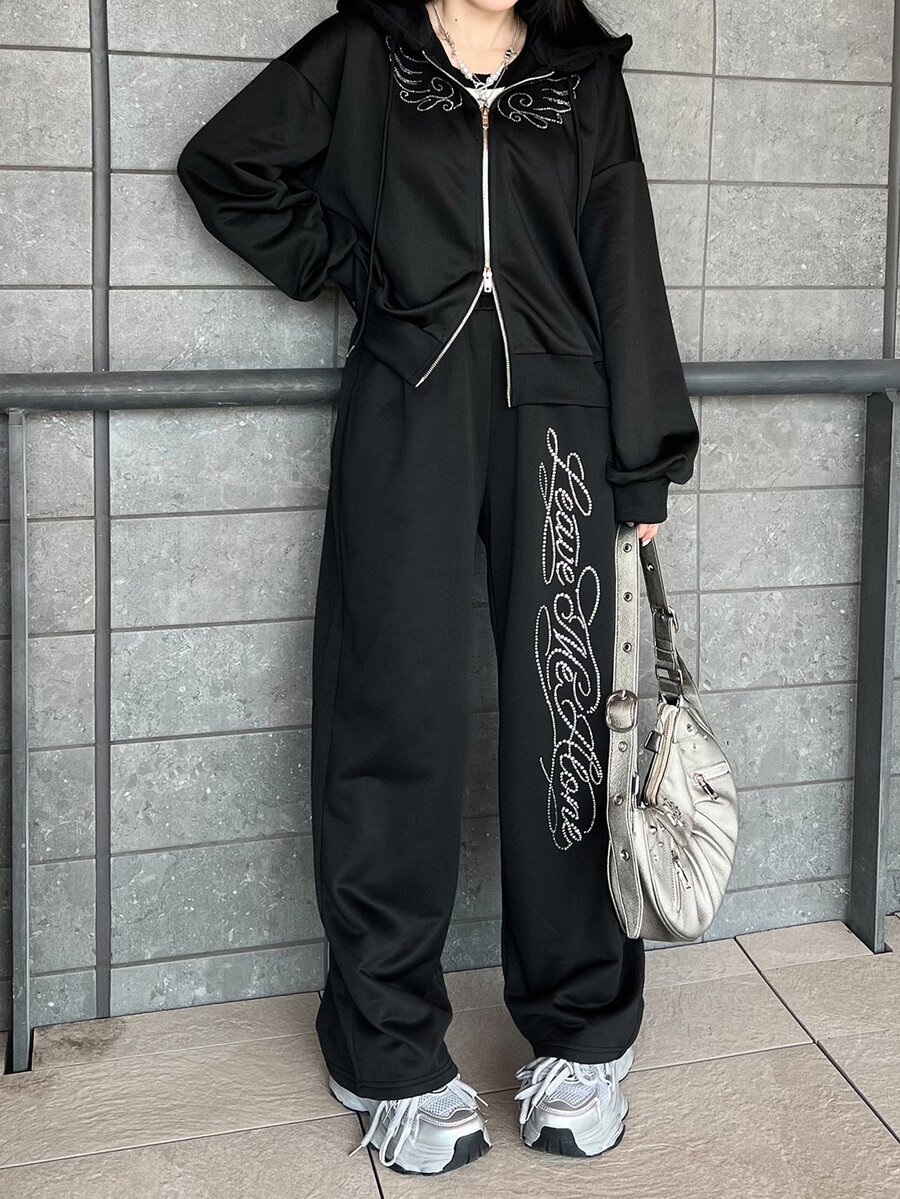 FRIFUL 女款秋季雙拉鍊連帽運動衫，飾有荷葉邊與水鑽裝飾，搭配長褲 2 件套 - 黑色 - 查看 1