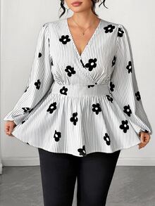 Elenzga Autumn Elegant Daily European And American Style Cross V-Neck Cinched Waist A-Line Pleated Long Sleeve Blouse, Suitable For Daily Commute, Outings, Gatherings And More Occasions, High Cost-Performance - Black and White - View 5