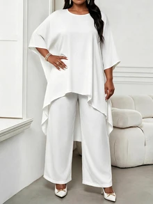 SHEIN Lady CURVE Plus Size Solid Color Front Short Back Long Top And Pants 2 Pieces Set - White - View 3