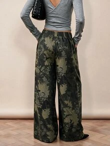 Rina Fox Leaf Print Elastic Waist Drawstring Wide Leg Pants, Casual Loose High Waist Flowy Trousers - Army Green - View 2