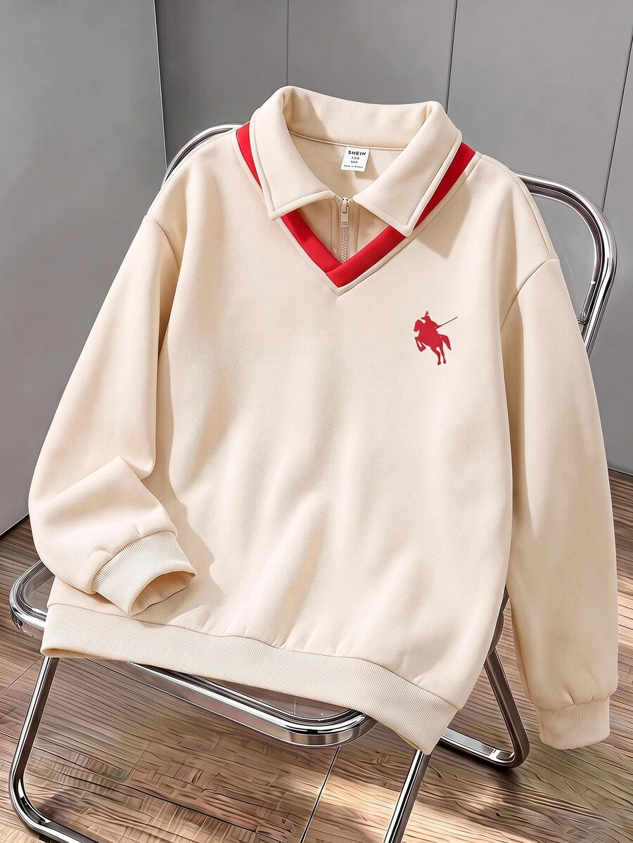 SHEIN 1件兒童青少年男孩休閒學院風寬鬆版型拼色V領騎士圖案長袖領口運動衫，適合春夏秋冬，戶外玩耍、學校、街頭穿搭、派對與居家休閒