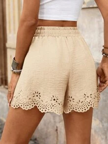 Brillora Women's Cottage Elastic Waist Pants, Summer Boho Casual Vacation Solid Color Woven Loose Shorts, Plain, Hollow Flowers Beige Beach Picnic Holiday - Apricot - View 3