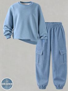 1套青少年男孩長袖運動衫上衣與束口工裝褲套裝，休閒酷感 - 彩色 - 查看 3