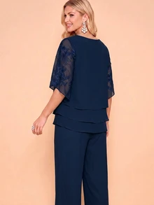 Amorya Women's Elegant Casual Commute Floral Embroidered Mesh Patchwork Shirt Pants 2 Pieces Set Wedding Party Cocktail Formal Navy Blue Summer - Navy Blue - View 6