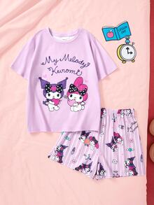 HELLO KITTY AND FRIENDS | SHEIN Tween Girl Letter Print Short Sleeve Top And Shorts Loungewear Set - Purple - View 1