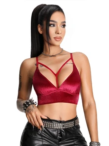 AltBold 1pc Women's Velvet Sexy Lingerie Burgundy Wireless Bra - Burgundy - View 3