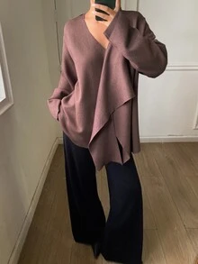 DAZY 棕紫色不對稱拼接設計披肩領圍裹式毛衣，寬鬆長袖休閒百搭純色針織毛衣，適合秋季 - 灰色 - 查看 9