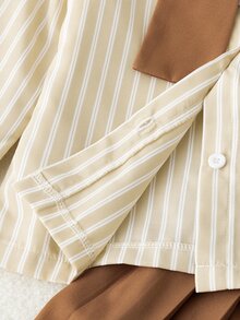 SHEIN Young Girls' Striped Shirt And Pleated Skirt 2 Pieces Set, Suitable For Daily School, Performance, Party, Travel, Visiting Friends And Family - Brown - View 5
