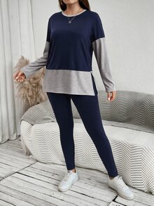 SHEIN LUNE Plus Size Women's Colorblock Round Neck Long Sleeve T-Shirt And Leggings Casual 2 Pieces Set - Navy Blue - View 2