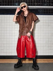 ROMWE MEN Street Life 男士純色PU皮革打孔裝飾休閒百搭七分褲 - 紅色 - 查看 6