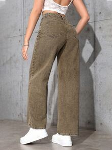 SHEIN ICON Casual Washed Straight Leg Denim Jeans - Brown - View 2