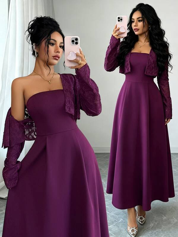 SHEIN Raffinéa Autumn Clothing, Elegant Party Dinner 2 Pieces Set, Purple Lace Jacquard Short Cardigan And Bandeau Dress, Long Sleeve Cinched Waist Full Skirt Outfit