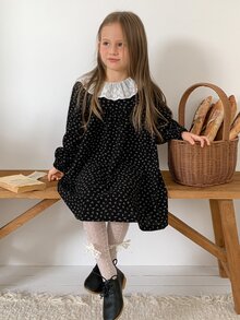 Dazy Kids 女童甜美法式蕾絲拼接長袖洋裝 - 黑色 - 查看 4