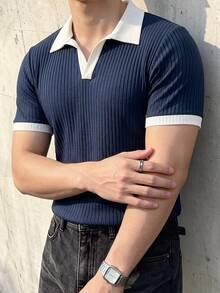 JOLTRO 男士撞色短袖休閒通勤 Polo 衫 - 藏蓝色 - 查看 4