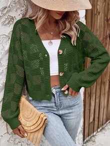 SHEIN LUNE 女款素色休閒百搭日常穿搭開襟衫 - 綠色 - 查看 3