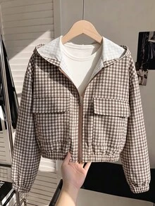 女童韓系休閒波點連帽短版拉鍊開襟外套，寬鬆版型附鬆緊腰，春夏秋通勤百搭上衣 - 棕色 - 查看 5