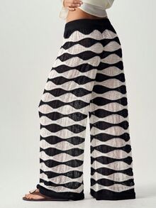Bohemela Pantalones de suéter de punto vintage con diseño de bloques de color y patrón de ondas de agua calado - Blanco y Negro - Ver 2