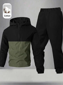 SHEIN 2件組兒童青少年男孩半拉鍊連帽外套與慢跑長褲套裝，適合通勤、上學、日常休閒、戶外、運動，秋冬穿著 - 軍綠色 - 查看 6