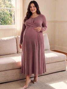 SHEIN Plus Size Long Sleeve Maternity Dress In Dusty Pink, Fuzzy Ribbed Knit, Comfortable Casual Style With Front Buttons, Nursing Friendly, Autumn/Winter - Dusty Pink - View 3