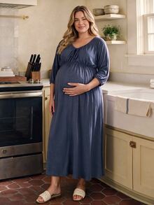 SHEIN Blue Plus Size Maternity Loungewear Dress, Casual Spring/Autumn V-Neck Drawstring Ruched Comfortable Slimming - Blue - View 4