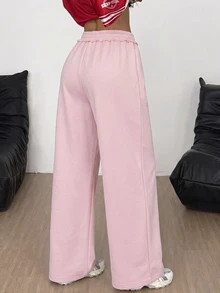 SHEIN 青少年女孩寬鬆休閒極簡舒適中腰拼色抽繩運動長褲，秋冬款 - 粉色 - 查看 2