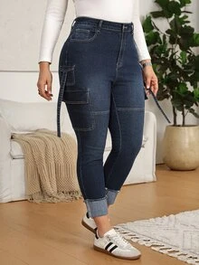 EMERY ROSE Plus Size Casual Washed Slim Fit Cargo Jeans,High-Waisted Cargo Jeans,Rolled Cuff Hem,Cropped Ankle Length,Everyday Casual,Halloween,Christmas - Blue - View 7