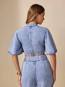 Selenza Women's Frog Button Design Ruffle Short Sleeve Cropped Denim Jacket - Blue - View 4