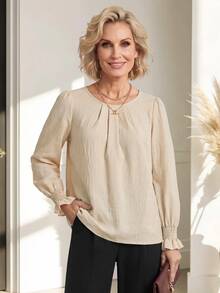 Miaspire Elegant Blouse, Pleated Neck Ruffle Blouse, Textured Natural Work Tops, Creamy Butter Yellow, Long Sleeve Regular Fit, Office Workwear, Fall Wi - Apricot - View 1