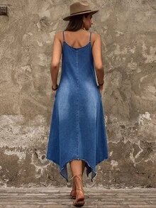 EMERY ROSE Gaun Denim Wanita Kasual dengan Hem Asimetris, Saku, dan Tali Bahu untuk Liburan - Royal Blue - View 2