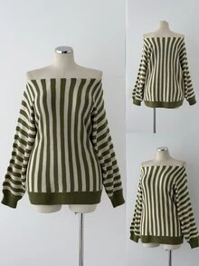 Sunspun Plus Size Women Y2K Street Style Vertical Striped Boat Neck Batwing Sleeve Loose Comfortable Knit Pullover Sweater, Suitable For Spring/Autumn/Winter/Back To School/Daily Commute/Outing/Date/Indoor/Outdoor/Date Outfit - Green - View 6