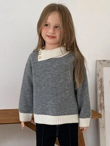 DAZY Young Girl) Colorblock Collar Long Sleeve Autumn/Winter Grey Design Sweater - Grey - View 8