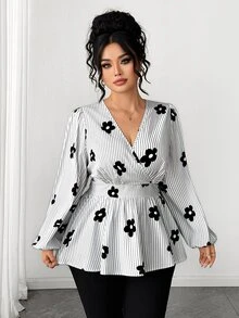 Elenzga Autumn Elegant Daily European And American Style Cross V-Neck Cinched Waist A-Line Pleated Long Sleeve Blouse, Suitable For Daily Commute, Outings, Gatherings And More Occasions, High Cost-Performance - Black and White - View 3
