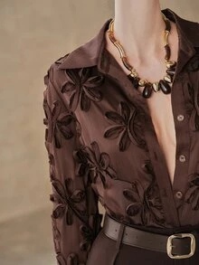 Anewsta New Versatile Fashion Modern Embroidered Design Commuter Women's Blouse - Coffee Brown - View 1