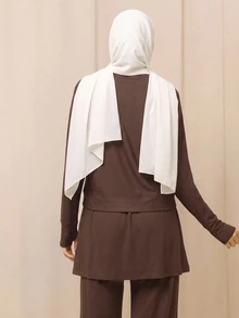 SHEIN With My Calm Dark Brown 2 In 1 Layered Muslim Sports Set, Thumbhole Long Sleeve Top With Drawstring Wide Leg Pants, Middle East Modest Yoga Fitness Outfit - Coffee Brown - View 2