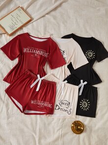 Snug Zone Letter Print Casual Pullover Short Sleeve & Shorts Set, 3-Color Combination - Multicolor - View 5