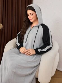 Lacomfia Casual Minimalist Jacquard Colorblock Hooded Zip-Up Raglan Sleeve Loose Regular Fit Plus Size Sweatshirt, Spring/Autumn - Grey - View 1