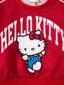 HELLO KITTY AND FRIENDS | SHEIN 女嬰字母條紋印花圓領長袖休閒衛衣 - 紅色 - 查看 5