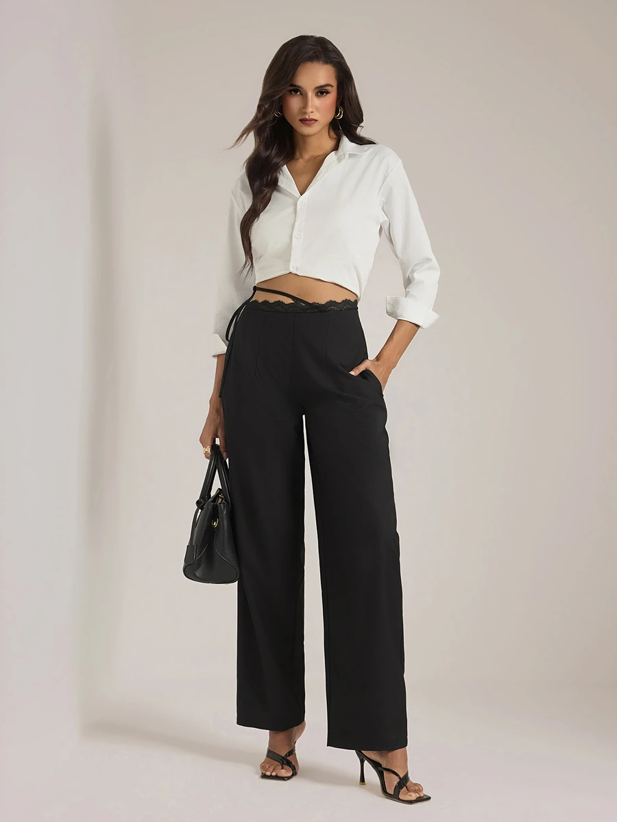 SHEIN Tall Tall Women's Black Lace-Panel Curved-Leg Trousers - Black - View 1