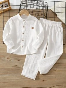 SHEIN 兒童小男孩學院風刺繡Logo立領長袖上衣/長褲套裝 - 彩色 - 查看 4