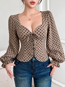 Feyla Women's Polka Dot Sweetheart Neck Front Tie Long Sleeve Blouse - Multicolor - View 8