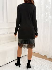 SHEIN Elegant Fashionable Lace Patchwork Long Sleeve Maternity Dress Fall - Black - View 6