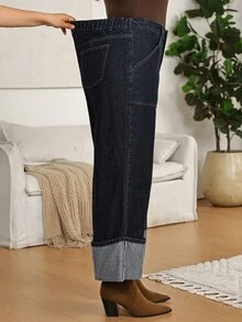 EMERY ROSE EMERY ROSE Plus Size High-Rise Dark-Wash Cuffed Wide-Leg Jeans,Dark-Wash Denim,Office Outfit,Elegant,Casual,Vacation,Business,Country,Western,Halloween,Christmas - Blue - View 3