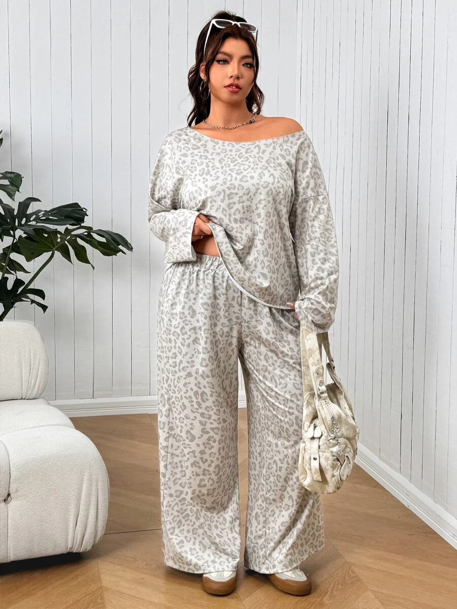 SHEIN EZwear Plus Size Fashion Leopard Print Long Sleeve Top And Loose Pants 2 Pieces Set - Multicolor - View 1