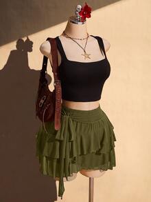 SHEIN ICON 女款大尺碼純色百褶時尚百搭約會旅行裙 - 軍綠色 - 查看 3