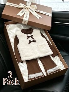 Elladie kids 3件組女孩秋冬新款羅紋高領長袖打底上衣、喇叭長褲、長毛絨蝴蝶結裝飾背心，優雅高貴休閒百搭時尚三件套，適合生日派對 - 棕色 - 查看 3