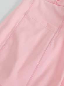 Dewbera Dewbera Solid Pink Stand Collar Full Front Zipper Sleeveless Cinched Waist A-Line Skirt Conservative Flattering Sportswear - Pink - View 7
