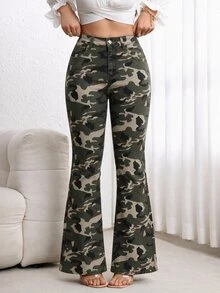 SHEIN ICON 迷彩印花修身喇叭牛仔褲 - 彩色 - 查看 7