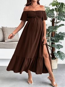 SHEIN 孕婦夏季休閒純色露肩高開衩洋裝 - 咖啡 - 查看 4