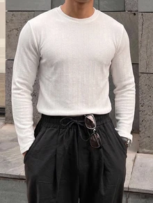 DAZY 男士簡約百搭圓領長袖T恤，適合日常穿著 - 白色 - 查看 7