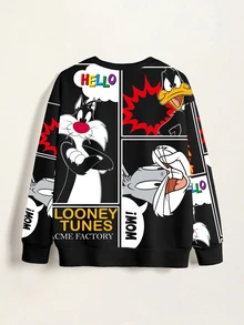 LOONEY TUNES X SHEIN 男士卡通圖案印花長袖套頭運動衫 - 白色 - 查看 4